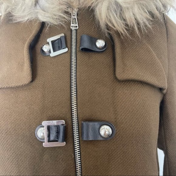 ZARA Women's Brown Pea Coat Full Zip Front Buckle Detail Faux Fur Hood Size XS - Picture 6 of 12